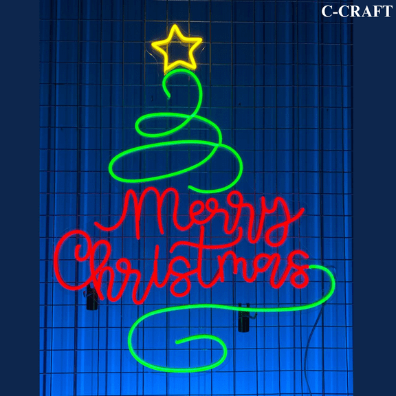 C-CRAFT Merry Christmas Tree Neon Sign LED Light 25 inch for Wall Decor