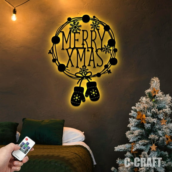 C-CRAFT Merry Christmas Unique Metal Sign Led Light Wall Art for Home Decor and Gift