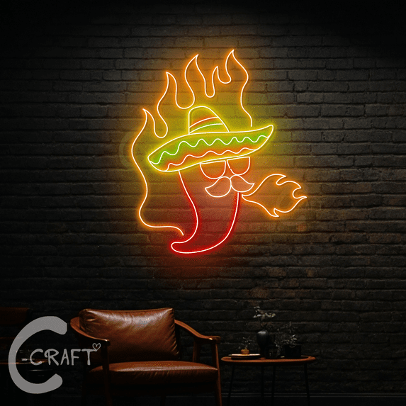 C-CRAFT Mexican Chilli Pepper Neon Sign Led Light Up 25 inch for Spicy Food Store Wall Art Decor