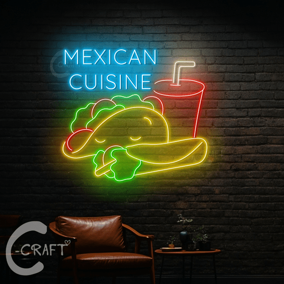 C-CRAFT Mexican Cuisine Neon Sign Led Light Up 27 inch for Mexican Restaurant Wall Art Decor