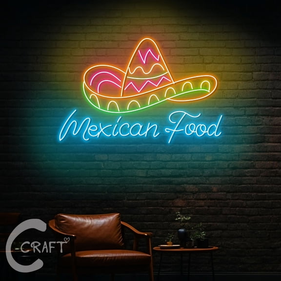 C-CRAFT Mexican Food Hat Neon Sign LED Light 30 inch for Mexican Restaurant Wall Art Decor