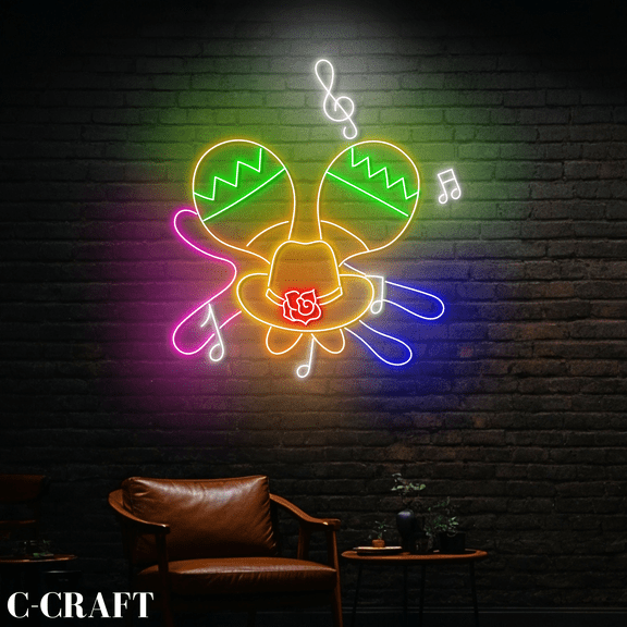 C-CRAFT Mexican Sombrero Hat Maracas Neon Led Light Wall Art for Mexican Restaurant Decor