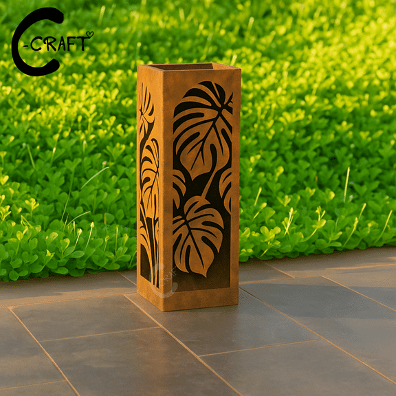 C-CRAFT Monstera Leaf Rusty Metal Garden Column 14 inches With Lid, Outdoor Yard Art Decoration, Well Cover