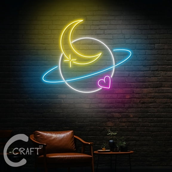 C-CRAFT Moon Saturn Neon Sign LED Light 25 inch for Space Galaxy Bedroom Wall Art Decor
