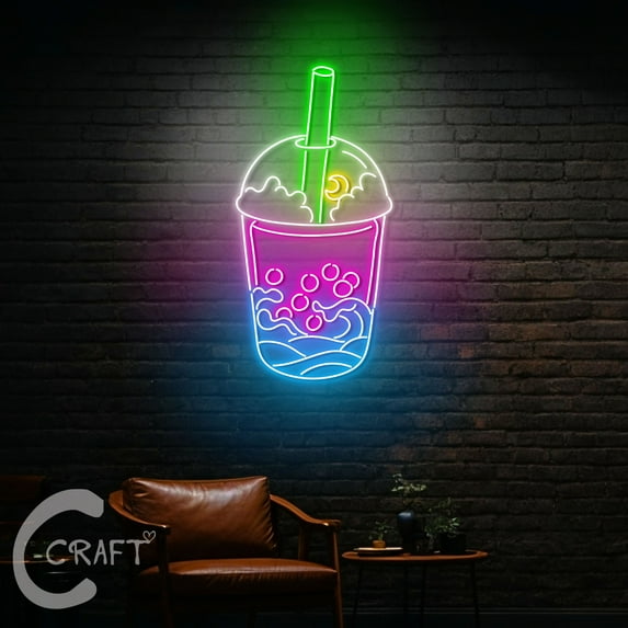 C-CRAFT Moon Wave Boba Neon Led Light Up 30 inch for Bubble Boba Milk Tea Shop Wall Decor