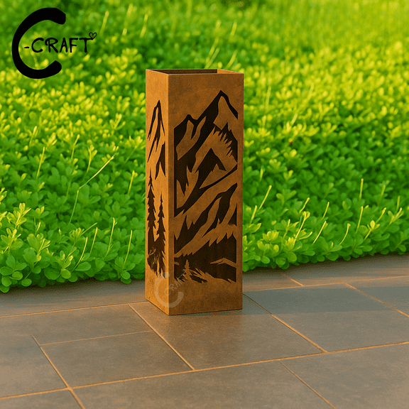 C-CRAFT Mountain Forest Rusty Metal Garden Column 14 inches Without Lid, Outdoor Decoration, Custom Yard Sculpture
