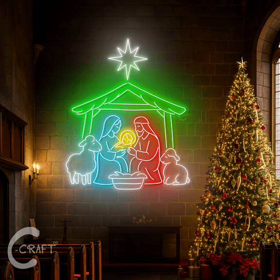 C-CRAFT Nativity Scene LED Light Sign 18 Inches with Holy Family Design for Church or Chapel Decoration, Christmas Gift for Christian Families