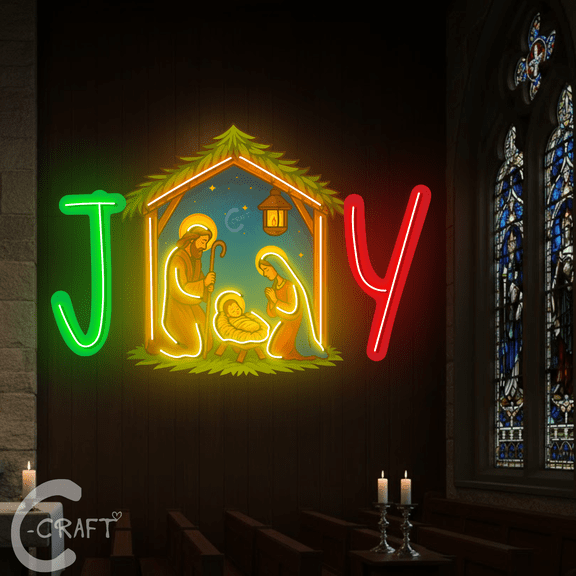 C-CRAFT Nativity Scene Neon Sign 18 Inches, Holy Family LED Wall Light, Christmas Church Decor, Gift for Christian Family