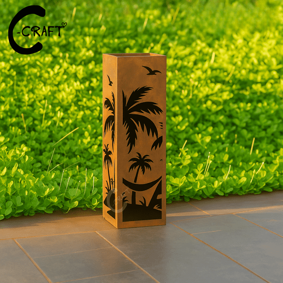 C-CRAFT Palm Tree Shaped Rusty Metal Garden Column 14 inches With Lid, Outdoor Decoration, Yard Sculpture