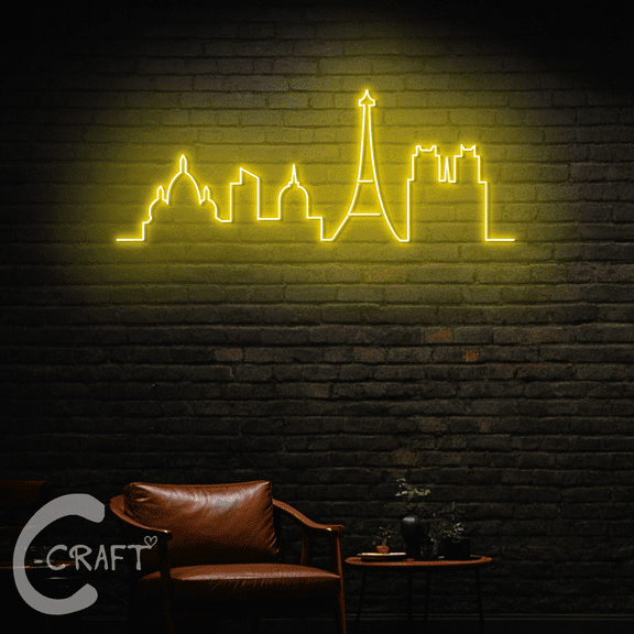 C-CRAFT Paris City Skyline Neon Led Light Up 27 inch for Home Living Room Bedroom Wall Decor