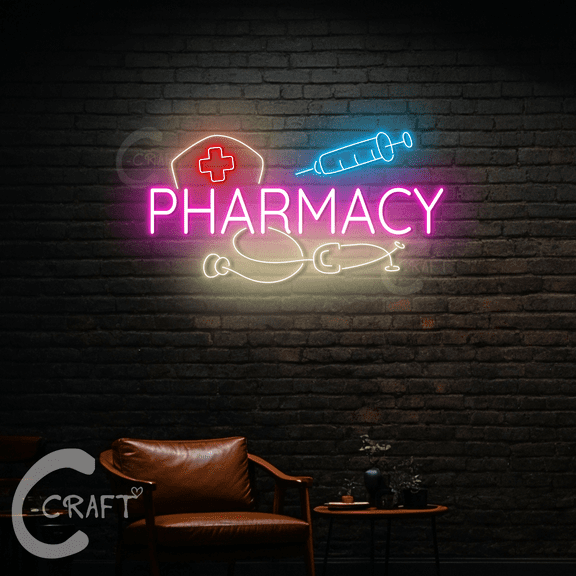 C-CRAFT Pharmacy Neon Sign Led Light Up 27 inch for Medical Hospital Wall Art Decor