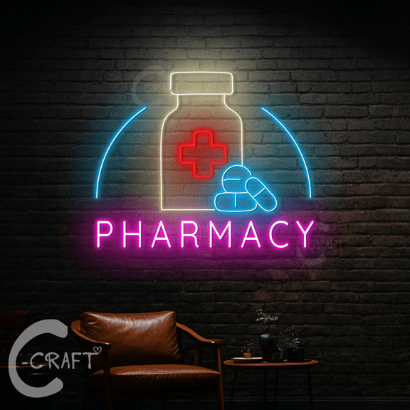 C-CRAFT Pharmacy Neon Sign Led Light Up 33 inch for Drug Store Wall Art Decor