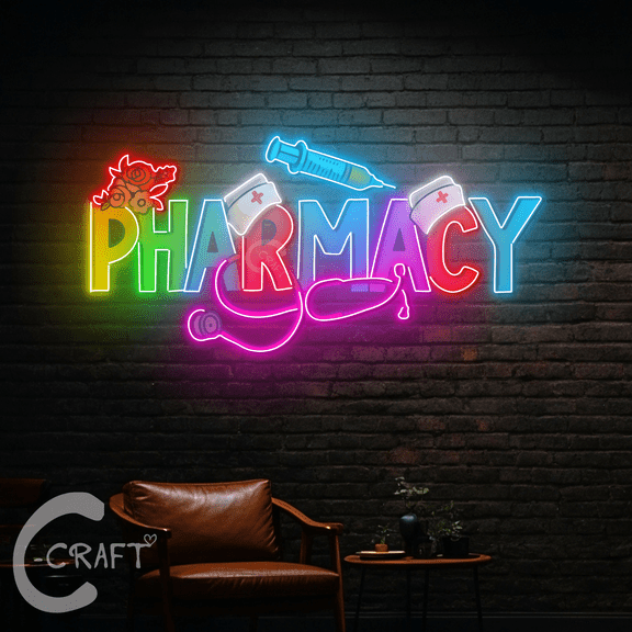 C-CRAFT Pharmacy UV Printed Led Neon Sign 25 inches, Medical Storefront Decor, Unique Gift Idea