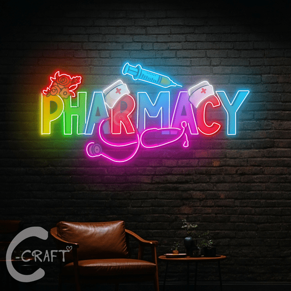 C-CRAFT Pharmacy UV Printed Led Neon Sign 27 inches, Medical Storefront Decor, Unique Gift Idea