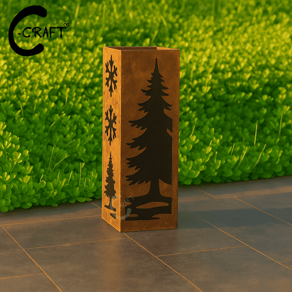 C-CRAFT Pine Tree Rusty Metal Garden Column 14 inches Without Lid, Outdoor Decoration, Custom Steel Garden Furniture