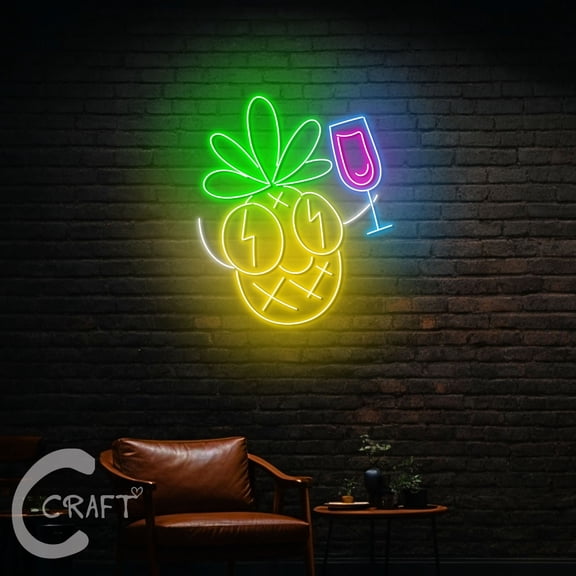 C-CRAFT Pineapple Cocktail Glass Neon Led Light Up 40 inch for Juice Cocktail Bar Wall Decor