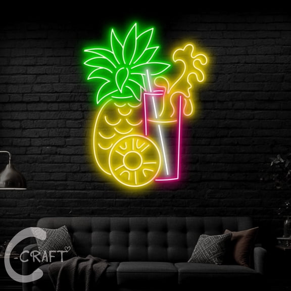 C-CRAFT Pineapple Tropical Fruit Juice Neon Sign LED Light 25 inch for Juice Bar Wall Art Decor