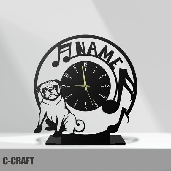 C-CRAFT Pug Dog Metal Modern Desk Clock 10 inch for Home Office Living Room Bedroom Decor