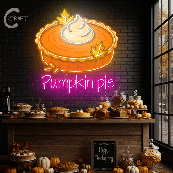 C-CRAFT Pumpkin Pie Neon UV Light 25 Inches, Thanksgiving LED Wall Display, Autumn Bakery Decor, Gift for Loved Ones