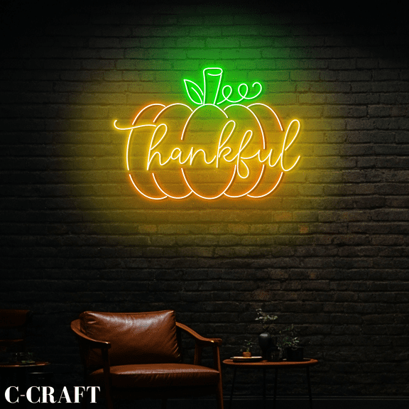 C-CRAFT Pumpkin Thankful Thanksgiving Neon Sign LED Light Acrylic Wall Decorations For Home Decor