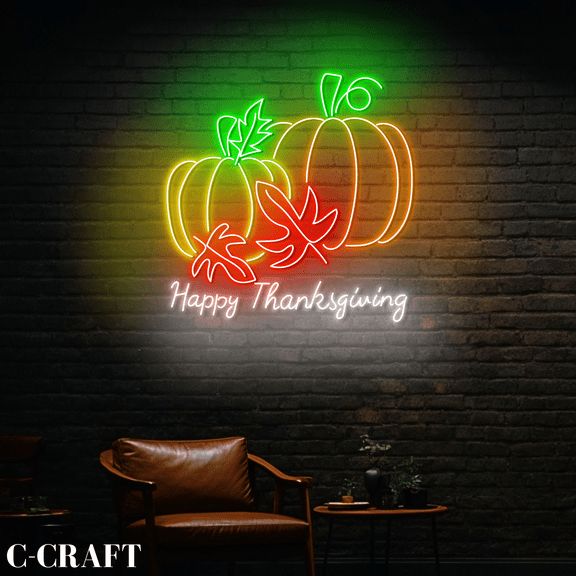 C-CRAFT Pumpkins Happy Thanksgiving Wall Art Led Light Neon Sign For Home Decor