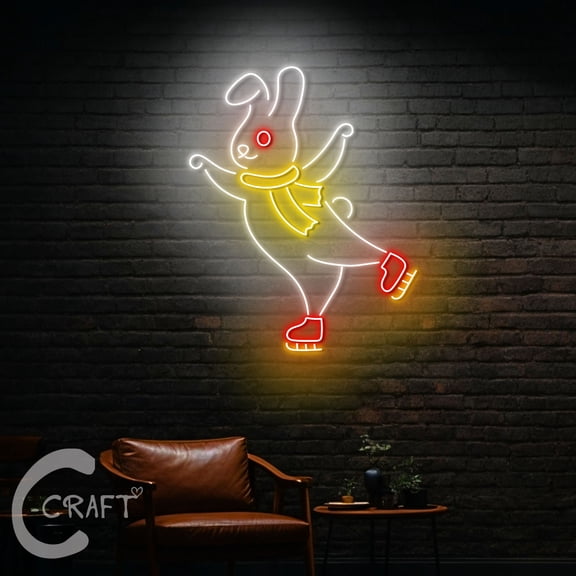 C-CRAFT Rabbit Ice Skating Neon Led Light Up 40 inch for Figure Skating Shop Wall Decor