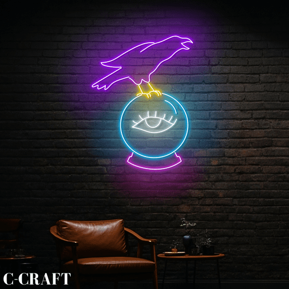 C-CRAFT Raven Crystal Ball Neon Led Light Wall Art for Psychic Reading Shop Decor