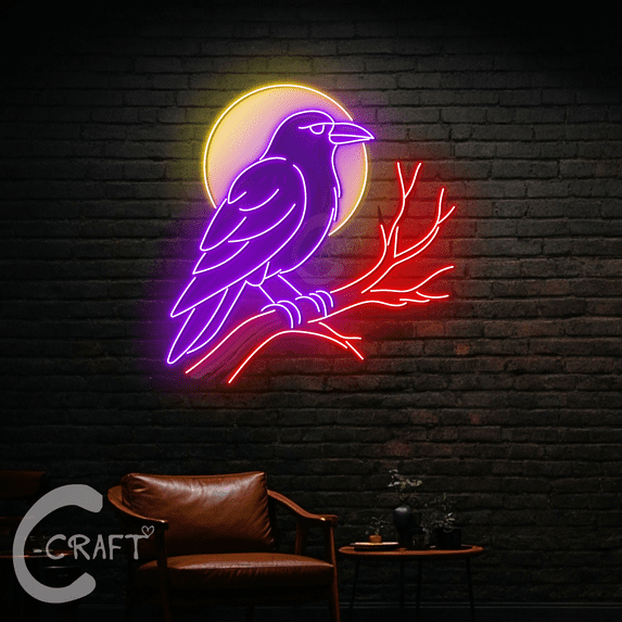C-CRAFT Raven UV Printed Led Light Sign 30 inch for Halloween Wall Decoration, Witchy Home Decor