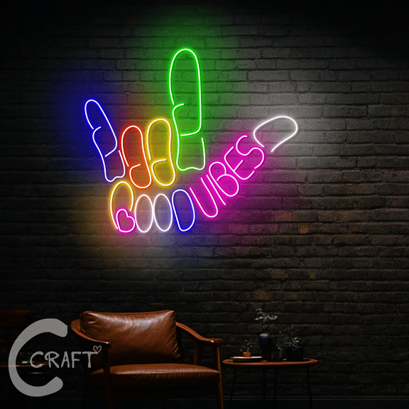 C-CRAFT Rock Hand Good Vibes Neon Led Light Up 35 inch for Party Bar Pub Wall Decor