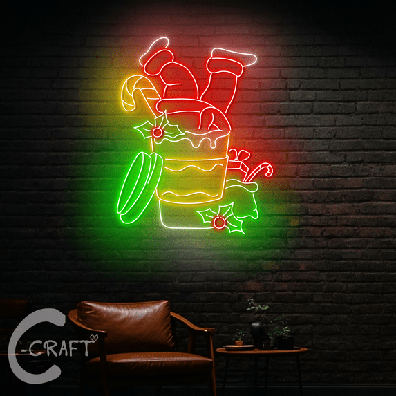C-CRAFT Santa In Coffee Cup Neon Led Light Up 25 inch for Coffee Shop Christmas Decor