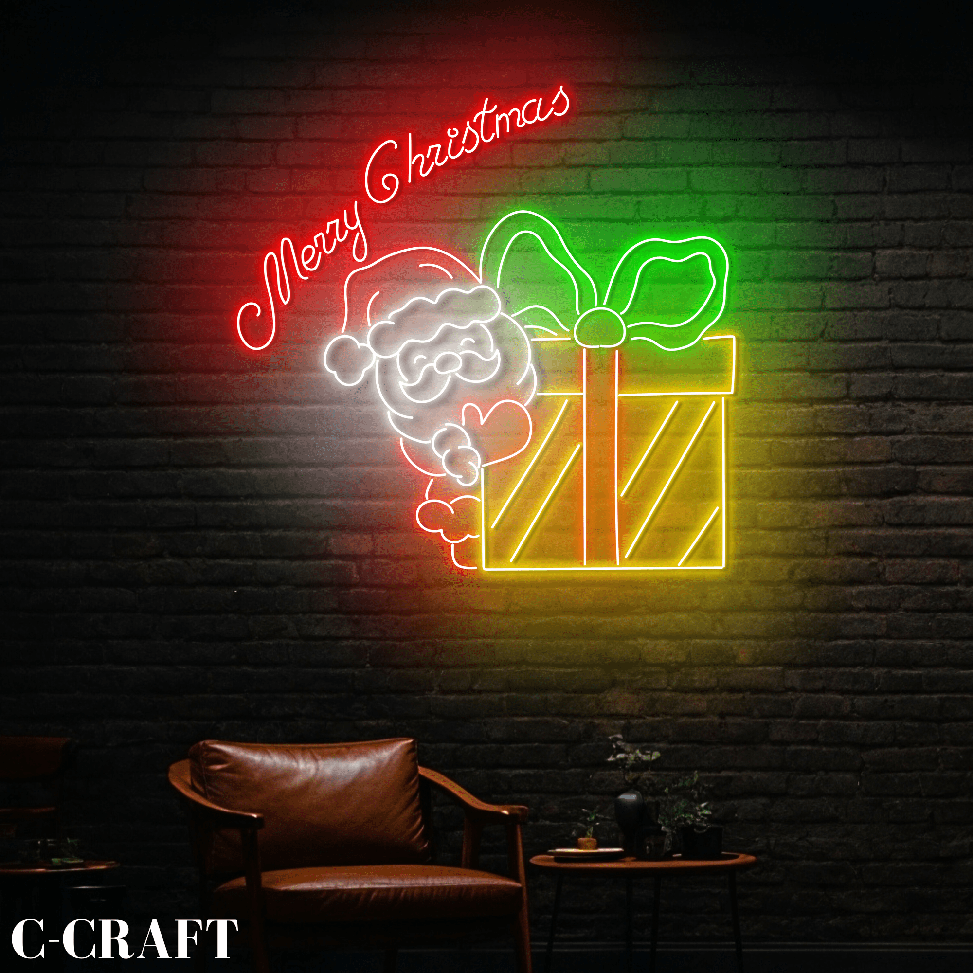 December Led Signs C-CRAFT Santa Peeking Gift Box Neon Sign Led Light Sign Wall Art for ...