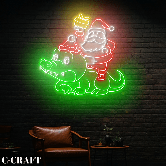 C-CRAFT Santa Ride Crocodile Neon Led Light Sign for Christmas Party Wall Art Decor