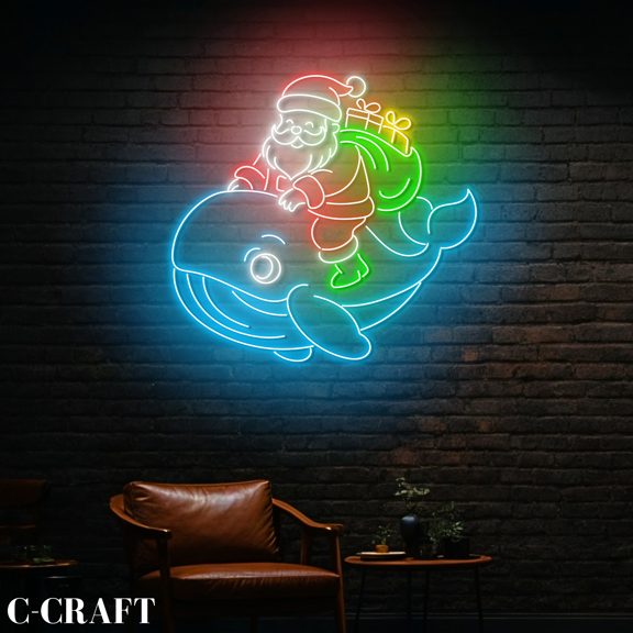 C-CRAFT Santa Ride Whale Neon Led Light Wall Art for Christmas Party Decor