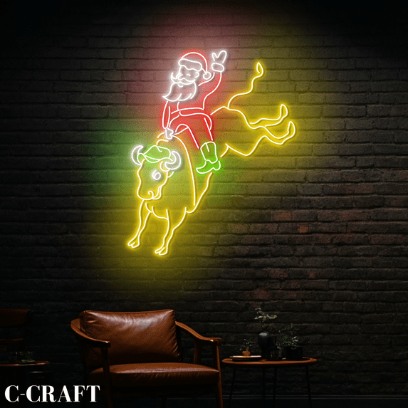 C-CRAFT Santa Rodeo Bull Christmas Wall Art Led Light Neon Sign For Western Rodeo Cowboy Bar Decor