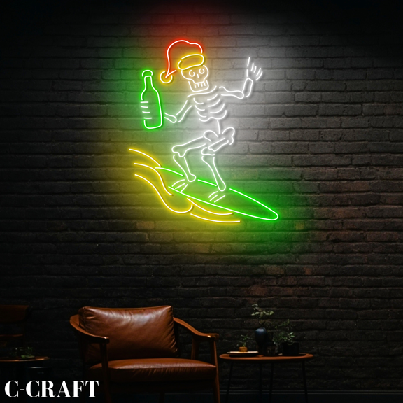 C-CRAFT Santa Skeleton Surfing Drink Beer Neon Led Light Wall Art for Christmas Party Decor