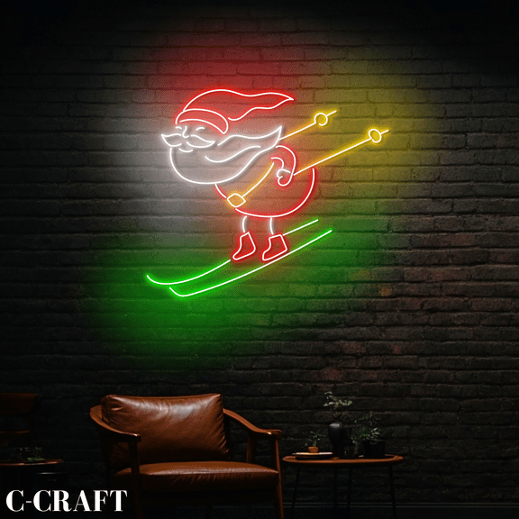 C-CRAFT Santa Skiing Christmas Wall Art Led Light Neon Sign For Ski Club Decor