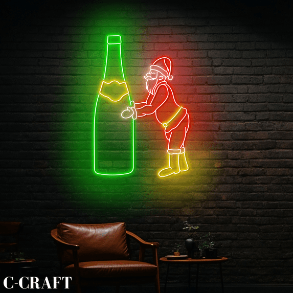 C-CRAFT Santa Wine Bottle Christmas Neon Led Light Wall Art for Bar Pub Decor
