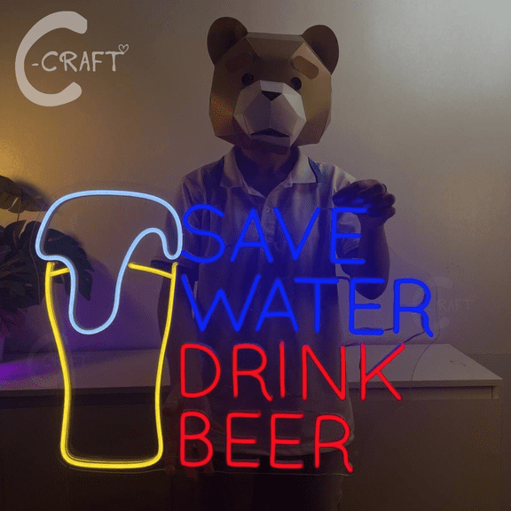 C-CRAFT Save Water Drink Beer Neon Sign Led Light Up 33 inch for Beer Club Wall Art Decor