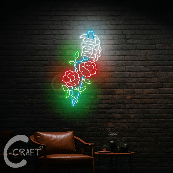 C-CRAFT Skeleton Hand Knife Neon Light Led Sign 33 inch for Spooky Halloween Wall Art Decor