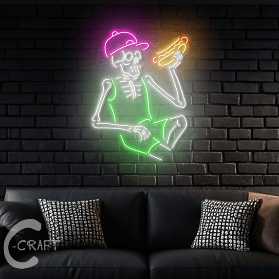 C-CRAFT Skeleton Hot Dog Led Light Neon Sign 18 inch for Hot Dog Bar, Street Food Shop Wall Decor - 35"/88cm
