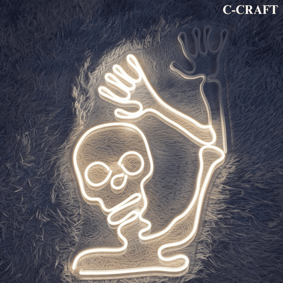 C-CRAFT Skeleton Waving Hand Halloween Neon Sign LED Light 25 inch for Wall Decor