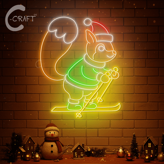 C-CRAFT Skiing Squirrel Neon Sign 18 Inches for Christmas Wall Decor, Festive Winter LED Light Accent, Cute Holiday Gift for Wildlife Lovers