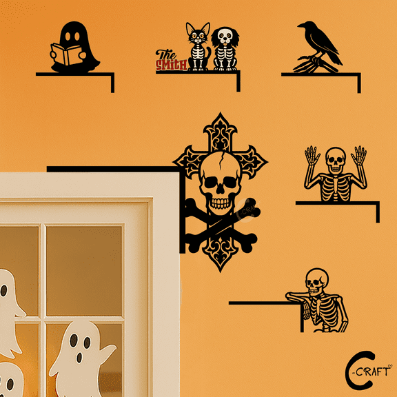C-CRAFT Skull Door Corner Metal Sign 12 Inches, Gothic Door Topper Decoration for Haunted Home, Macabre Halloween Gift for Him