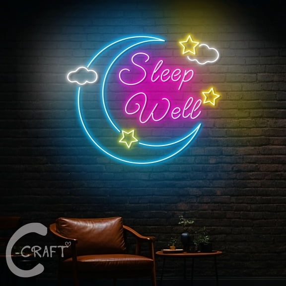 C-CRAFT Sleep Well Moon Neon Sign LED Light 27 inch for Kid Bedroom Wall Art Decor