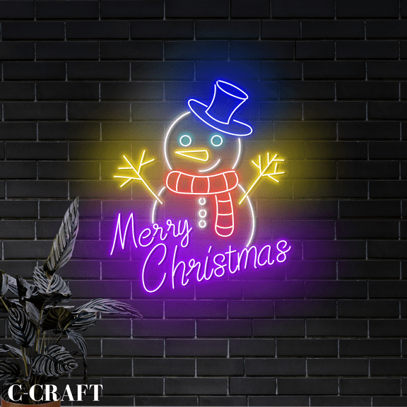 C-CRAFT Snowman Merry Christmas Neon Sign Wall Decor LED Light Decorations Indoor_Outdoor Use