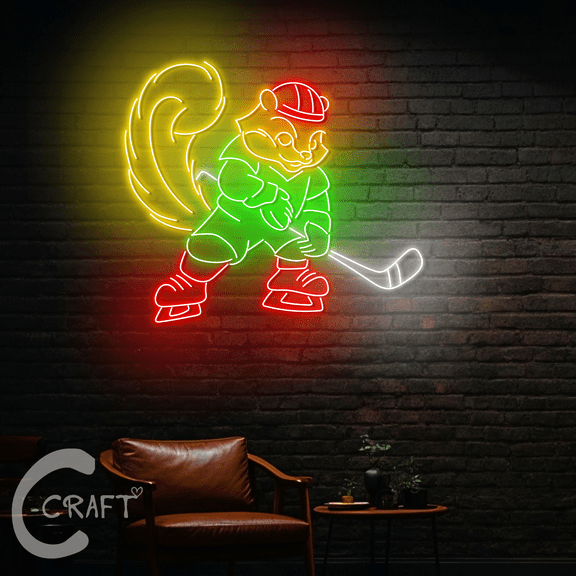 C-CRAFT Squirrel Ice Hockey Neon Led Light Up 27 inch for Ice Hockey Shop Wall Decor