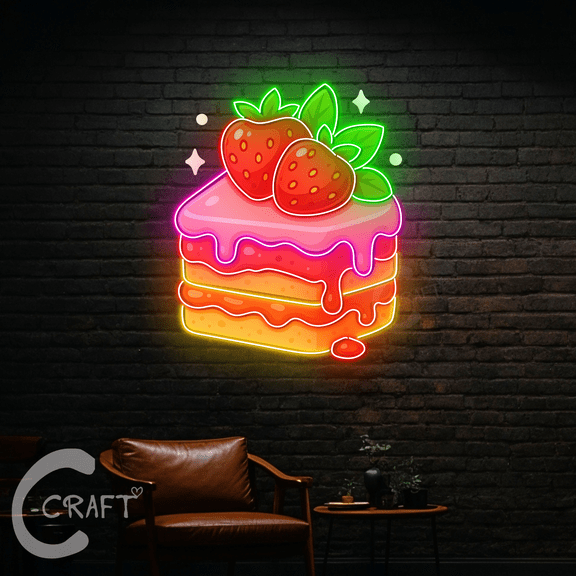C-CRAFT Strawberry Cake Led Light Neon Sign 20 inch for Bakery Wall Art, Cake Shop Wall Decor