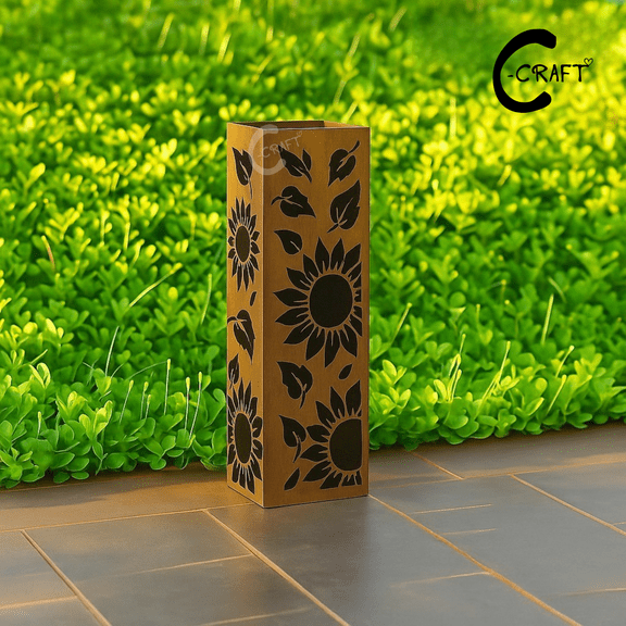 C-CRAFT Sunflower Garden Column with Rusty Surface 36 inches With Lid, Custom Metal Outdoor Yard Decoration, Well Cover