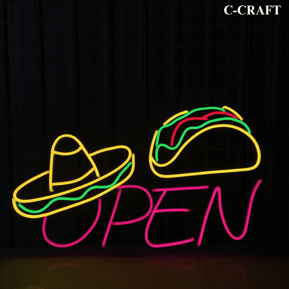 C-CRAFT Tacos Open Neon LED Light Acrylic Wall Decorations For Mexican Tacos Restaurant Decor