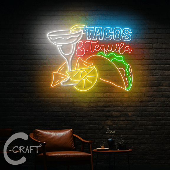 C-CRAFT Tacos & Tequila Neon Led Lights 35 inch for Mexican Restaurant Home Bar Decor